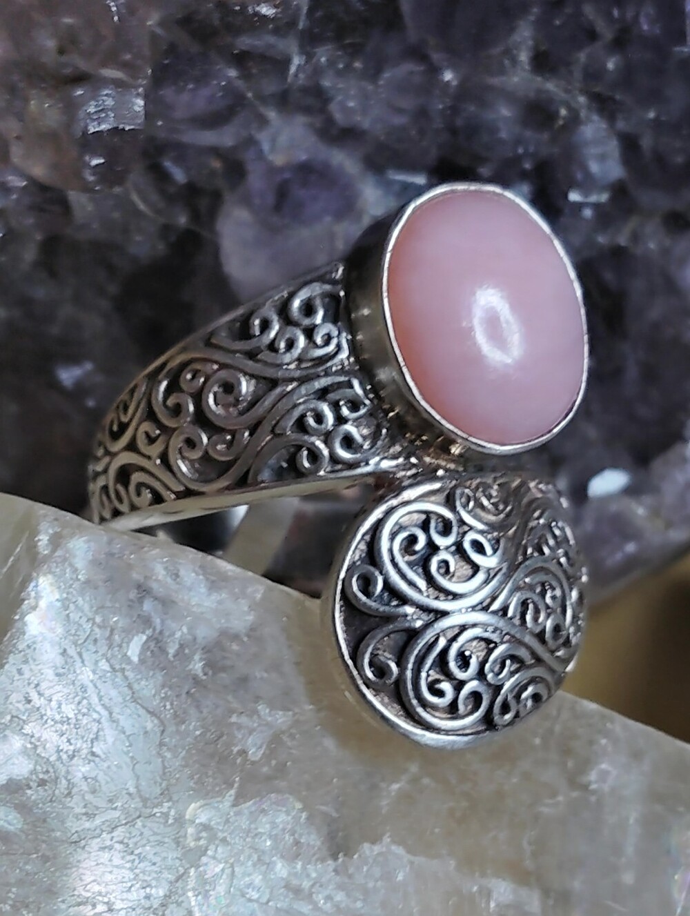 🔥PERSIAN PINK OPAL,  FILIGREE & BYPASS MOTIF. STERLING RING. SZ- 7. (R-1104277)